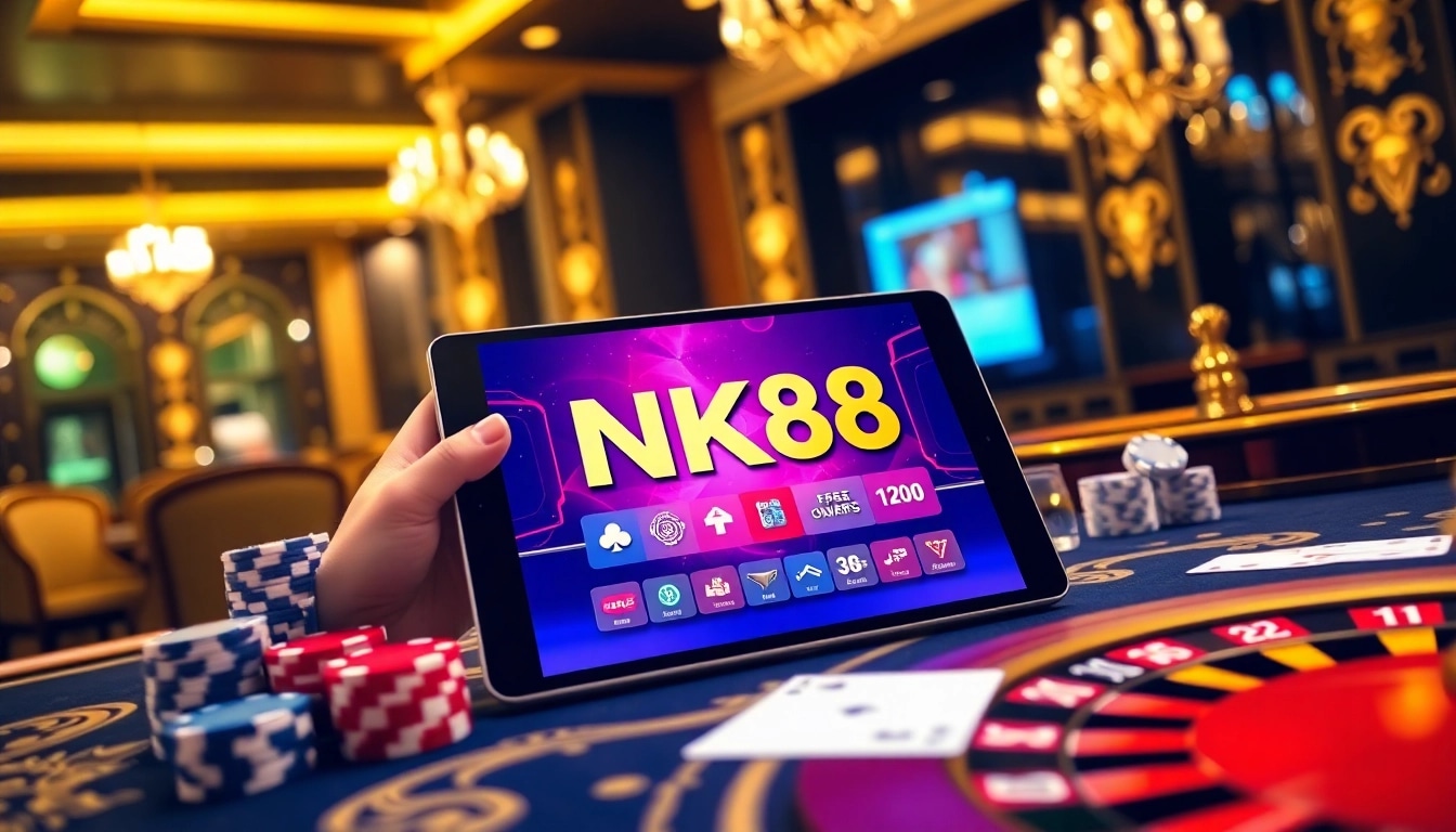 Players engaging with the NK88 app on a luxurious casino table, showcasing excitement in gambling.