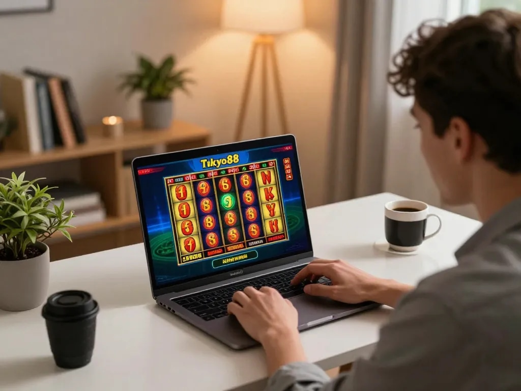 Sesi permainan online Tokyo88 di rumah dengan gulungan slot berwarna-warni merayakan kemenangan besar.