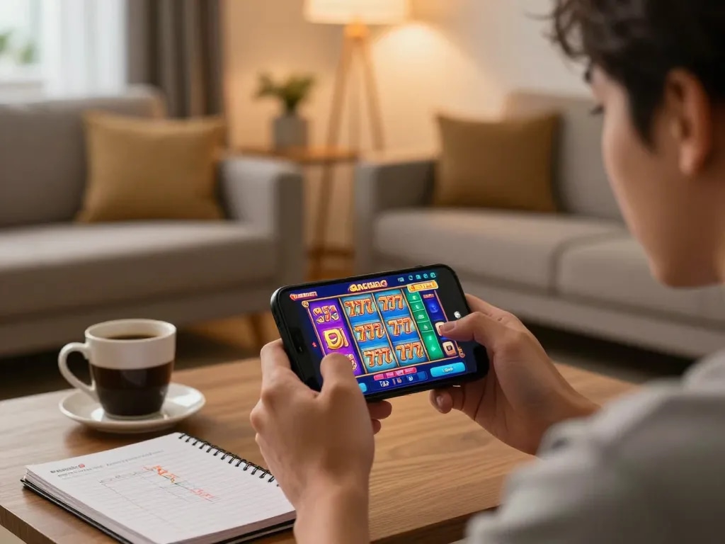 Engaging in slot gacor 777 gameplay on smartphone in a cozy home setting, showcasing strategic online gambling.