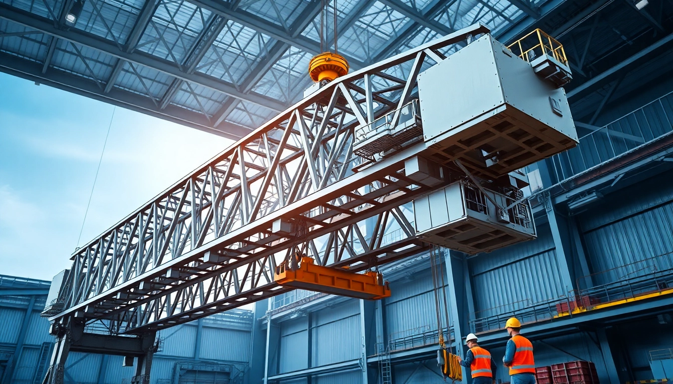 double girder bridge crane lifting a load in an industrial setting