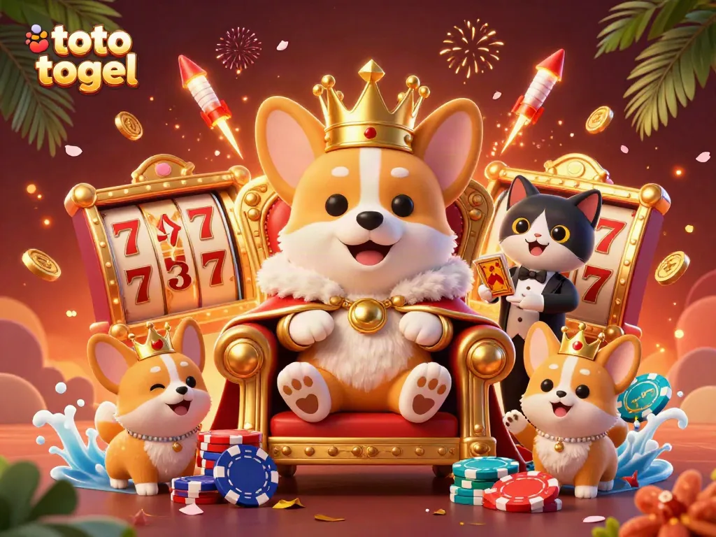 Menarik keberuntungan di toto togel sambil bermain dengan corgi bermahkota emas dan kasino penuh warna.