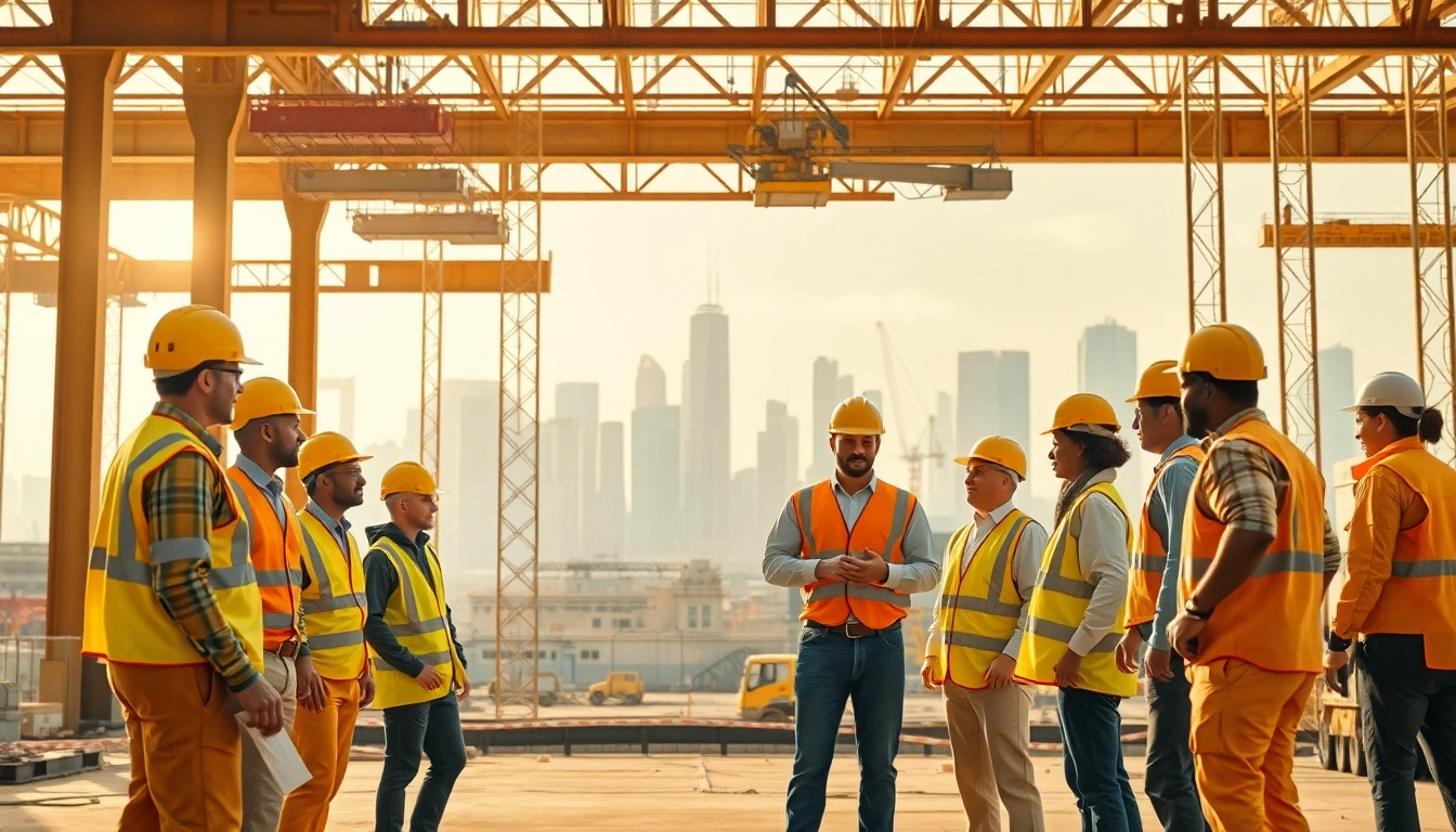 Engaged construction association professionals collaborating on a vibrant job site, showcasing teamwork.