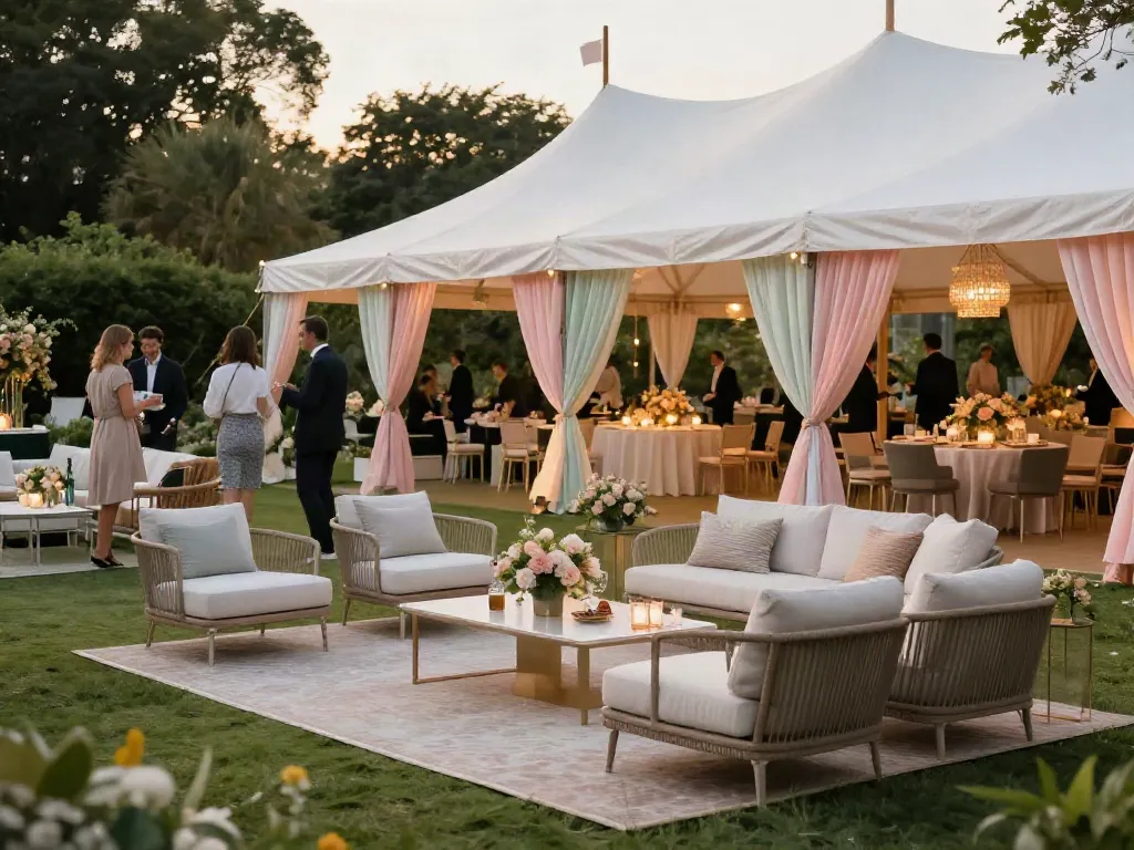 Event furniture rental showcased at an elegant outdoor gathering with stylish lounge areas and beautiful floral decor.