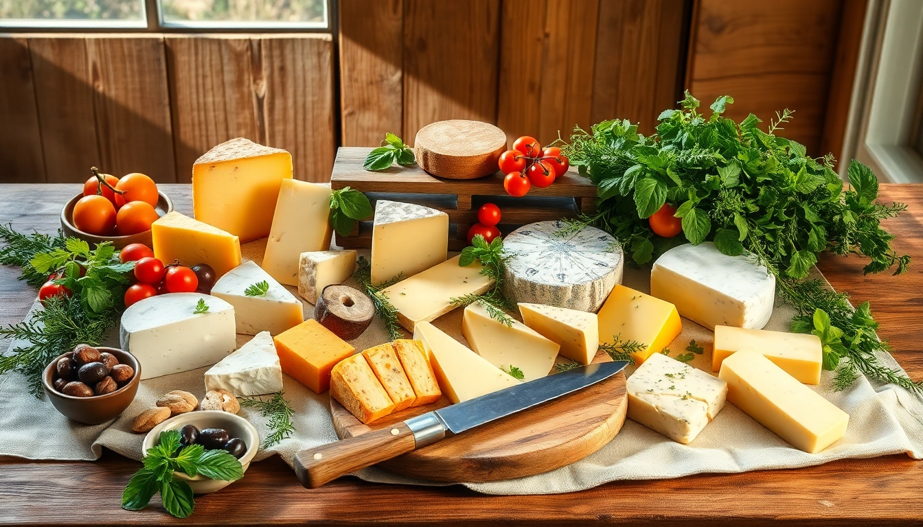 Kaasdoek met heerlijke kazen en verse kruiden op een rustieke tafel