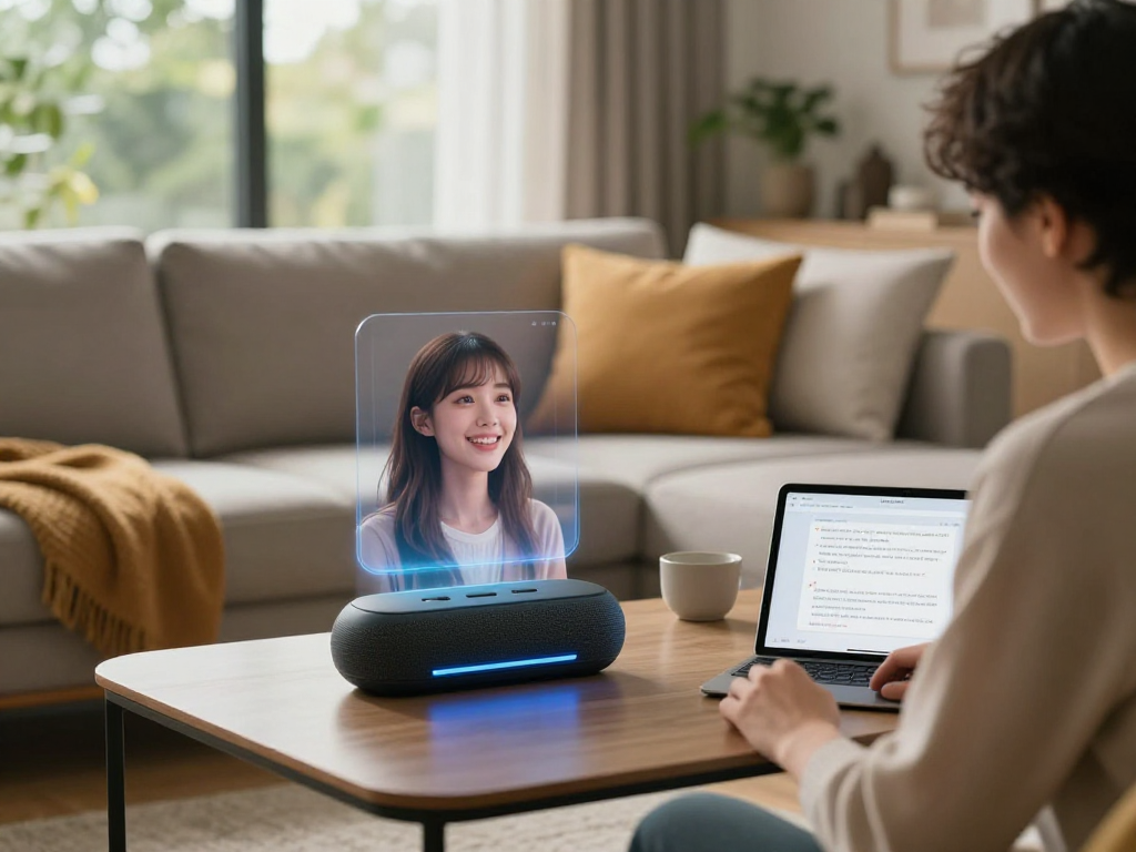 Engaging with a holographic girlfriend AI in a cozy modern living room
