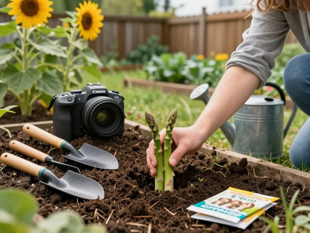Person planting green asparagus seeds, showcasing groene asperges zaaien in a vibrant home garden.