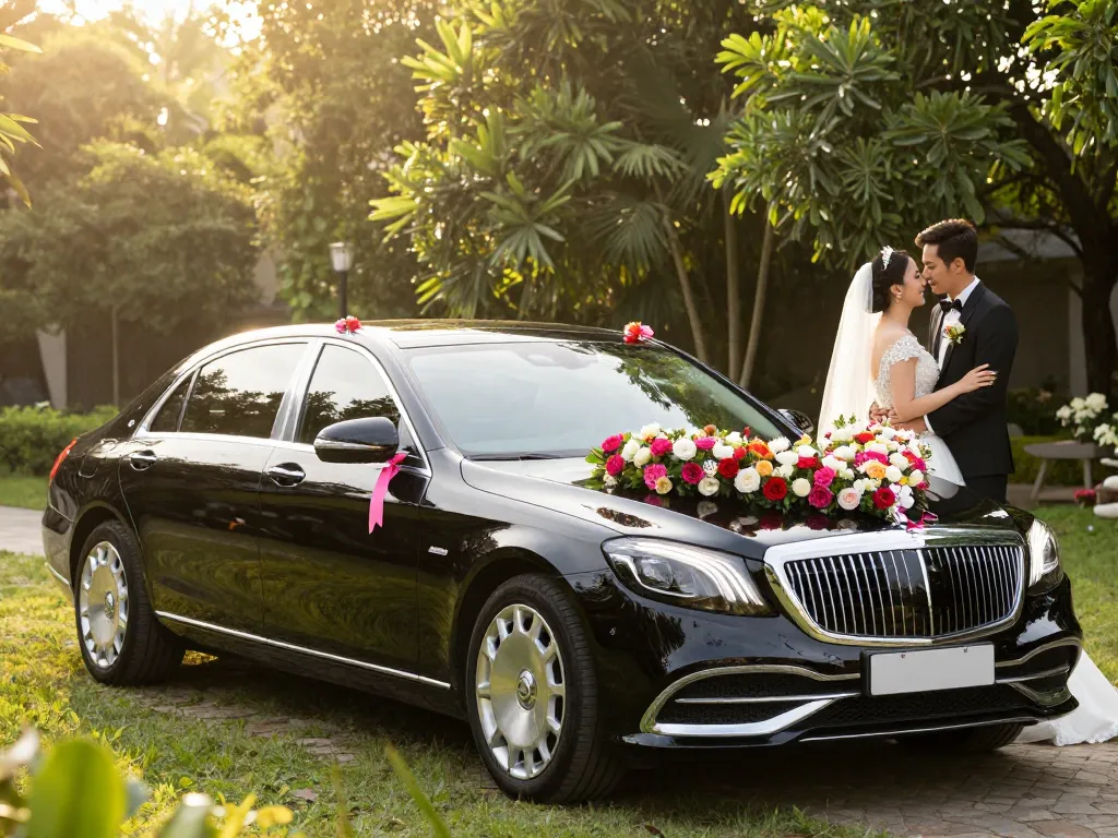 Buổi lễ cưới với chiếc xe Mercedes sang trọng, phản ánh sự xa hoa và bầu không khí lãng mạn trong ngày cưới.