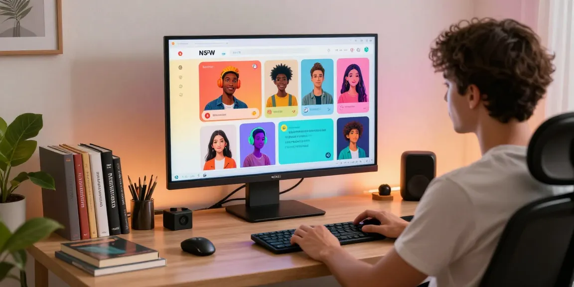Engaging NSFW AI conversation scene showing user interacting with customizable AI characters in a modern workspace.