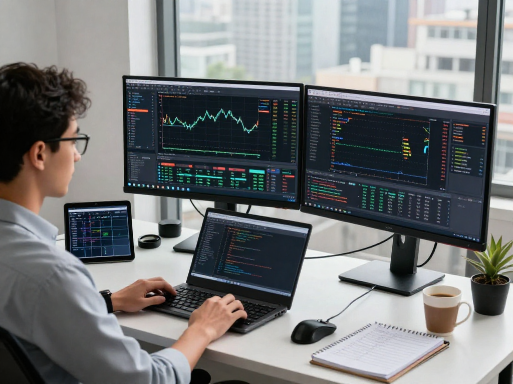 MetaTrader 5 trading setup with dual monitors showing live market data and analysis tools.