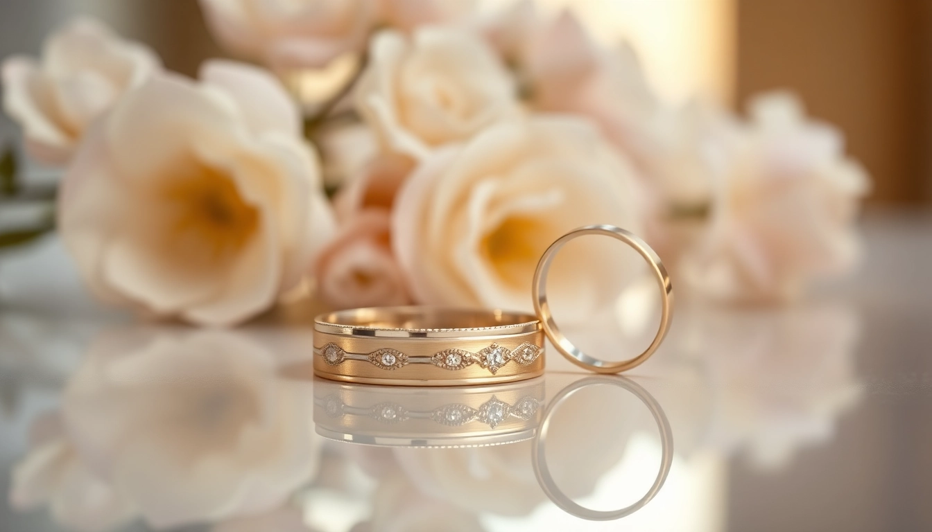 Showcasing stunning wedding rings with intricate designs and a luxurious, reflective backdrop.
