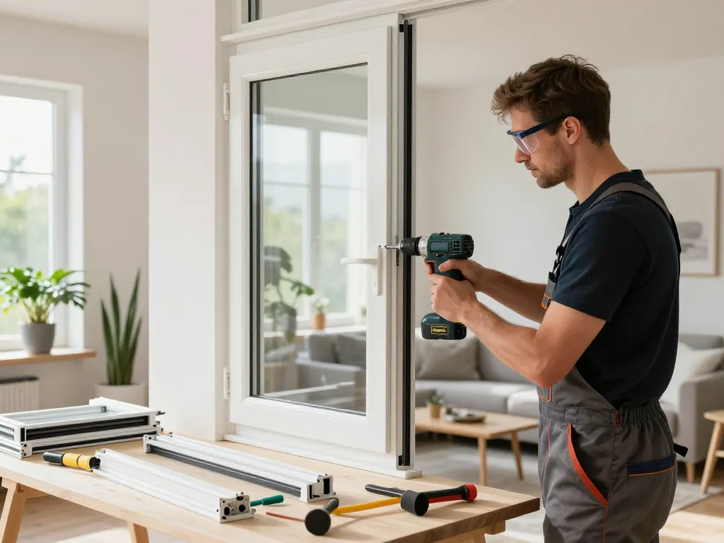 Fachgerechte Fensterinstallation in Köln, die hochwertigen Fensterbau Köln mit natürlichem Licht, Handwerkern und Werkzeugen präsentiert.