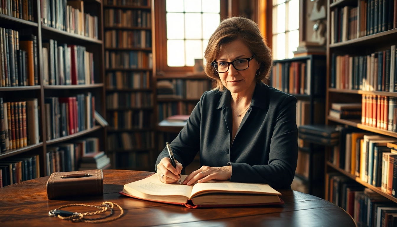 Author writing in a cozy library with natural light, emphasizing creativity and focus.