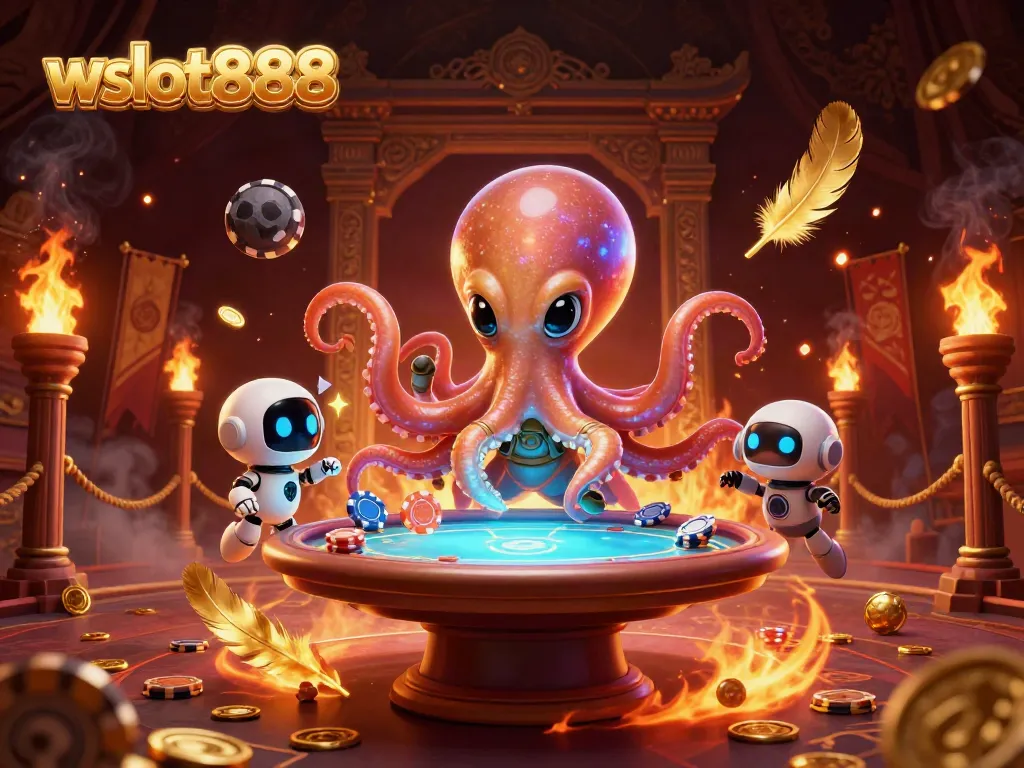 Permainan seru di wslot888 dengan alien dan robot di meja poker holografis.