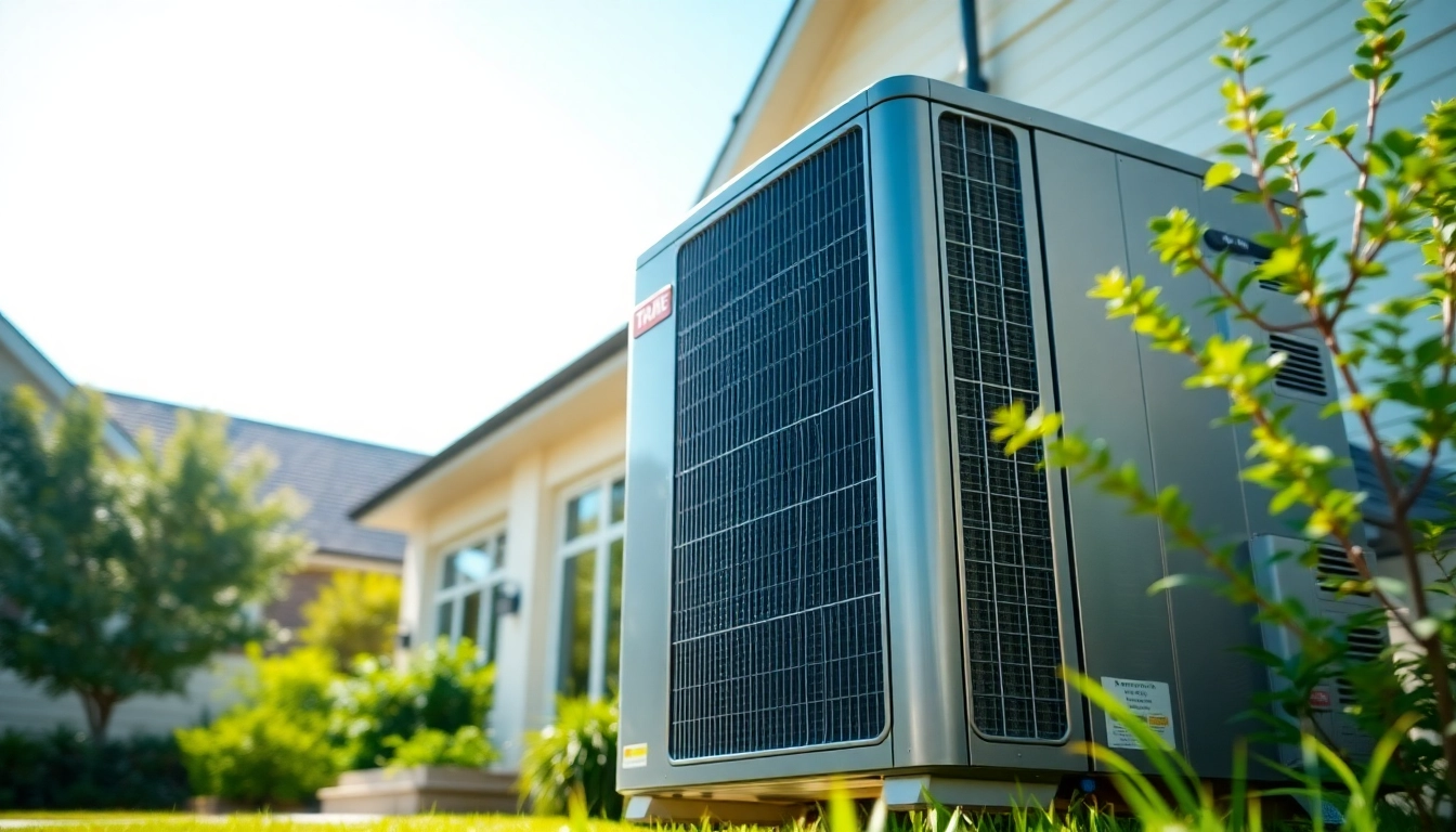 Installing Trane heat pumps in a suburban outdoor setting with greenery and bright blue sky.