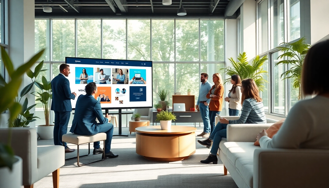 Web design company Essex team collaborating in a modern office environment.