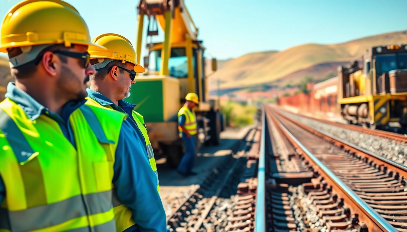 Workers laying tracks as railroad contractors on a sunny construction site