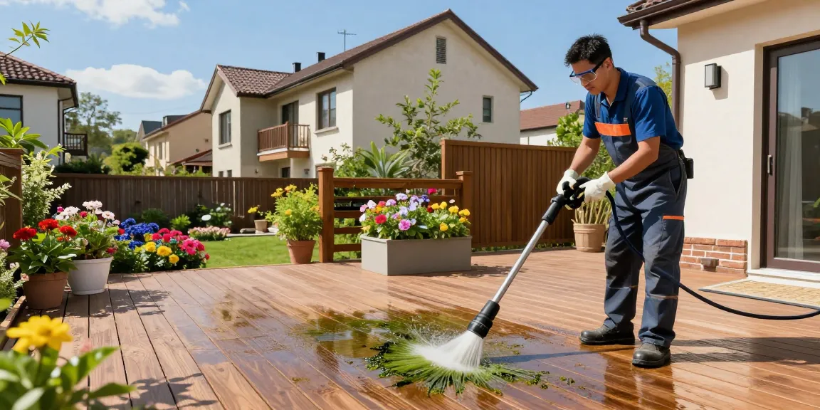 Terrassenreinigung Dortmund: Professionelle Reinigung von Holzterrassen in Dortmund bei sonnigem Wetter.