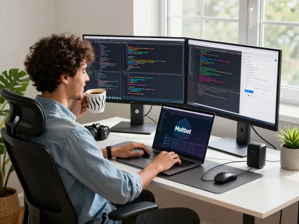 Developer using Moltbot mac in a modern home office workspace with dual monitors and bright natural light.