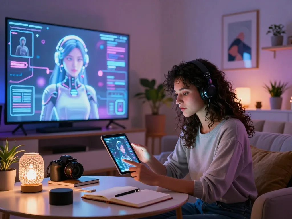 Engaging with an AI girlfriend in a futuristic living space, showcasing tech and lifestyle.