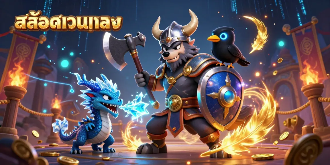 Play engaging slot games in stunning settings with สล็อตเว็บตรง featuring a Viking wolf warrior, dragon, and coins.