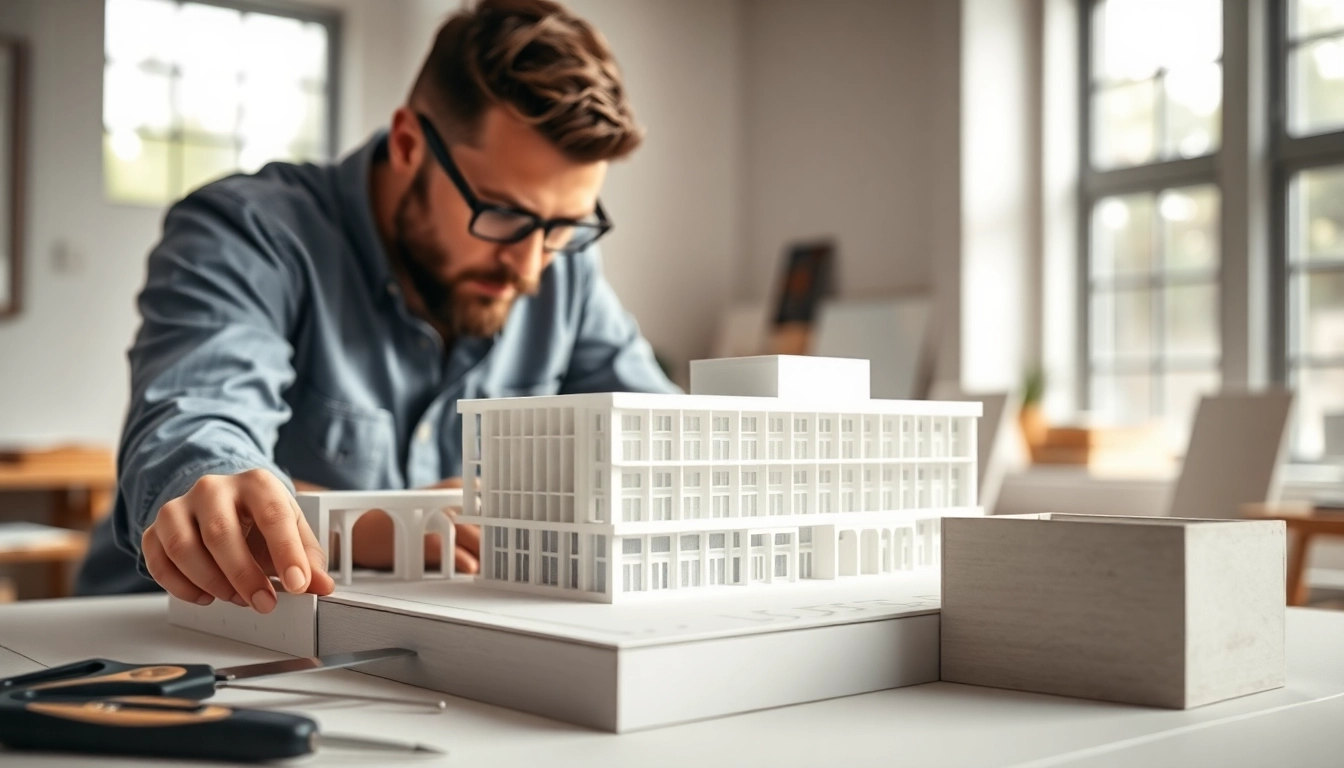 Modellbauer arbeitet an architekturmodellbau Kassel, zeigt präzise Details und Werkzeuge.