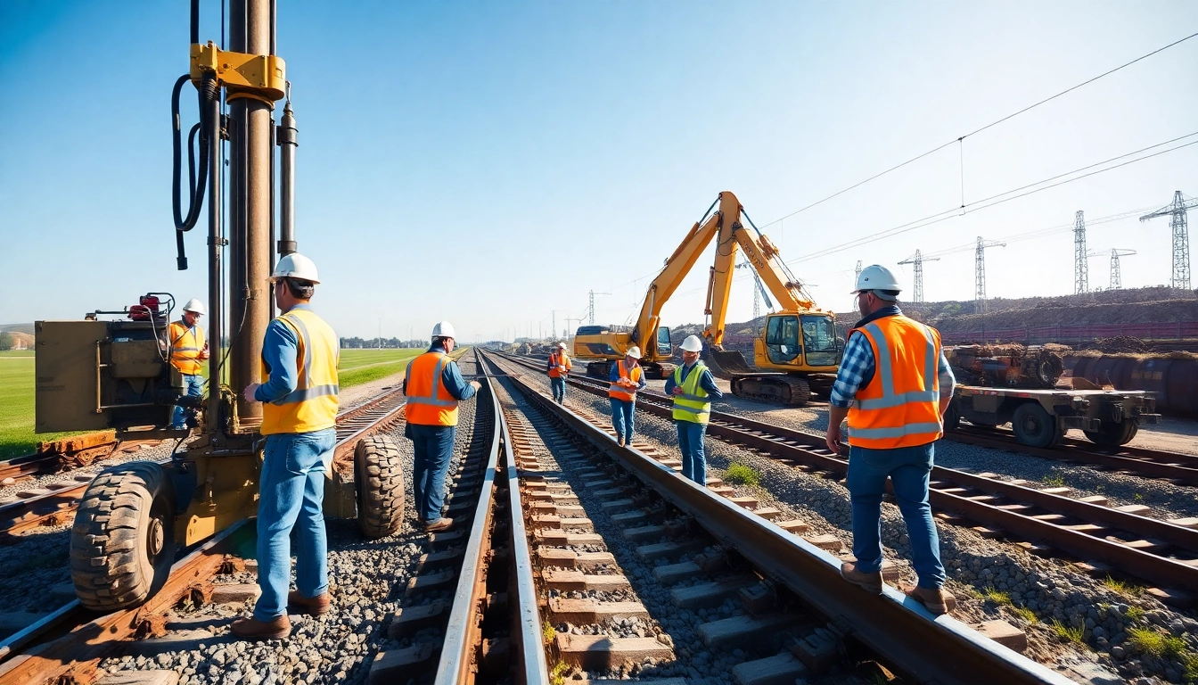 Railroad Contractors building tracks with heavy machinery at a construction site.