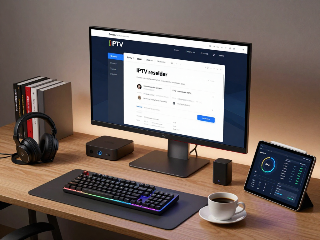 IPTV reseller platform depicted in a modern workspace with tech devices and analytics tools.