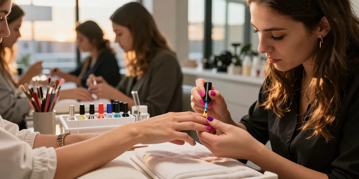 Tehnician de unghii elegant utilizând un kit unghii gel pentru o manichiură vibrantă.