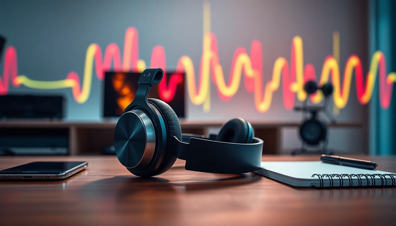 Showcasing the Bone X1 Bone Conduction Headphones with vibrant audio wave visuals in a modern studio setting.