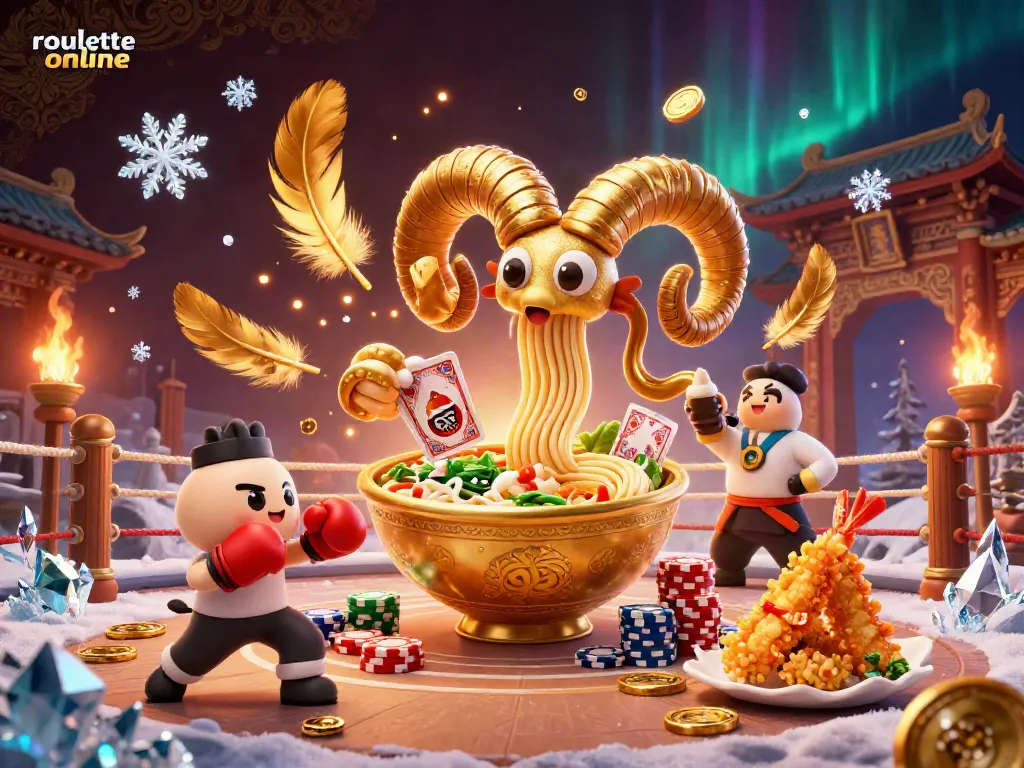 Engage with roullete online as a giant ramen bowl deals cards amid energetic casino elements.