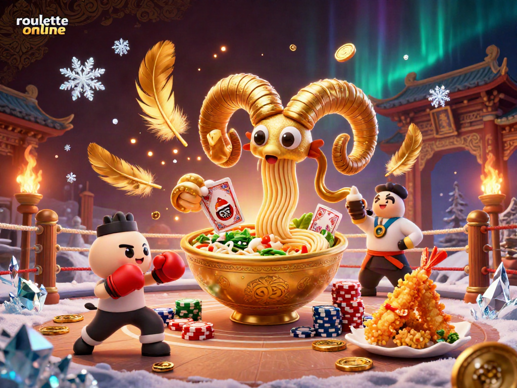 Engage with roullete online as a giant ramen bowl deals cards amid energetic casino elements.