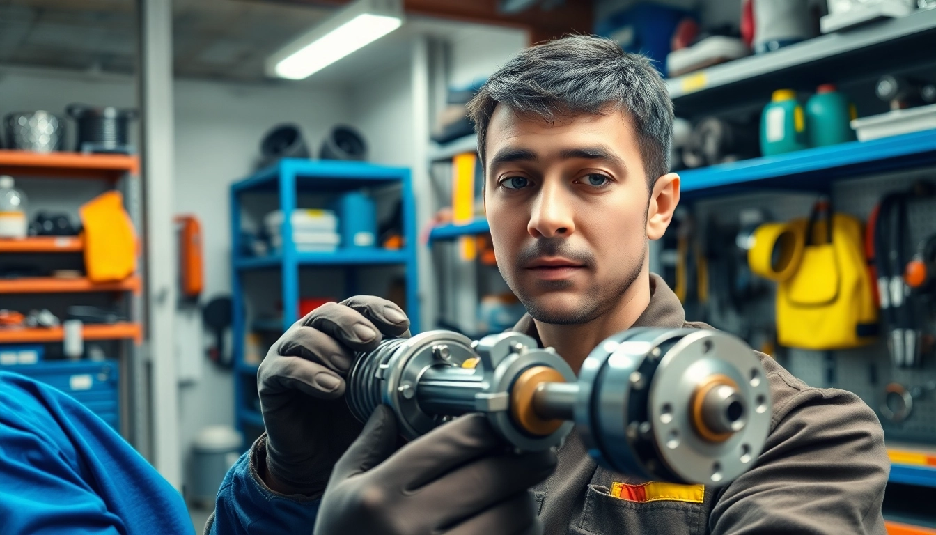 Technician performing hydraulic cylinder repair in a well-equipped workshop with various tools.