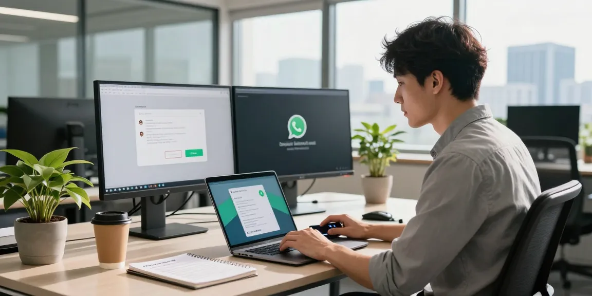WhatsApp下載 setup on a modern workspace, featuring a laptop, smartphone, and urban scenery.