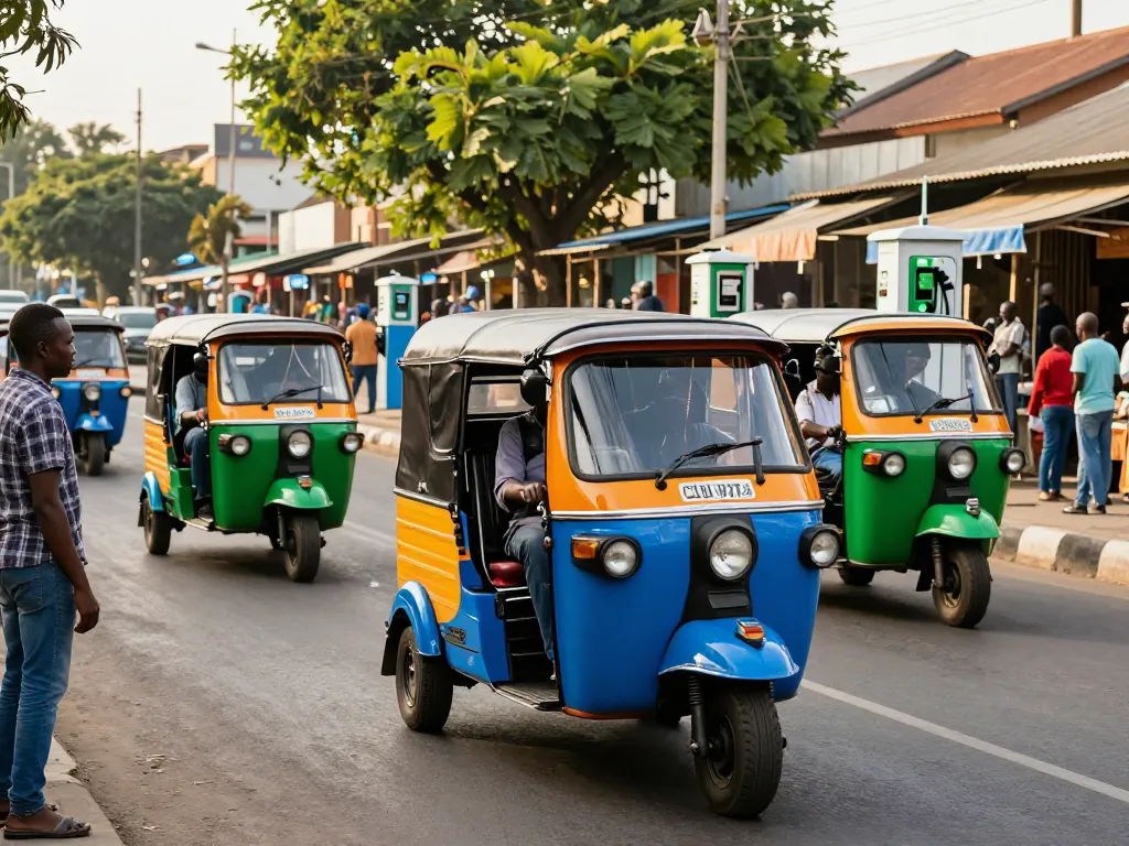 Electric tuk tuk innovation in Kenya showcasing modern transportation and lively streets.