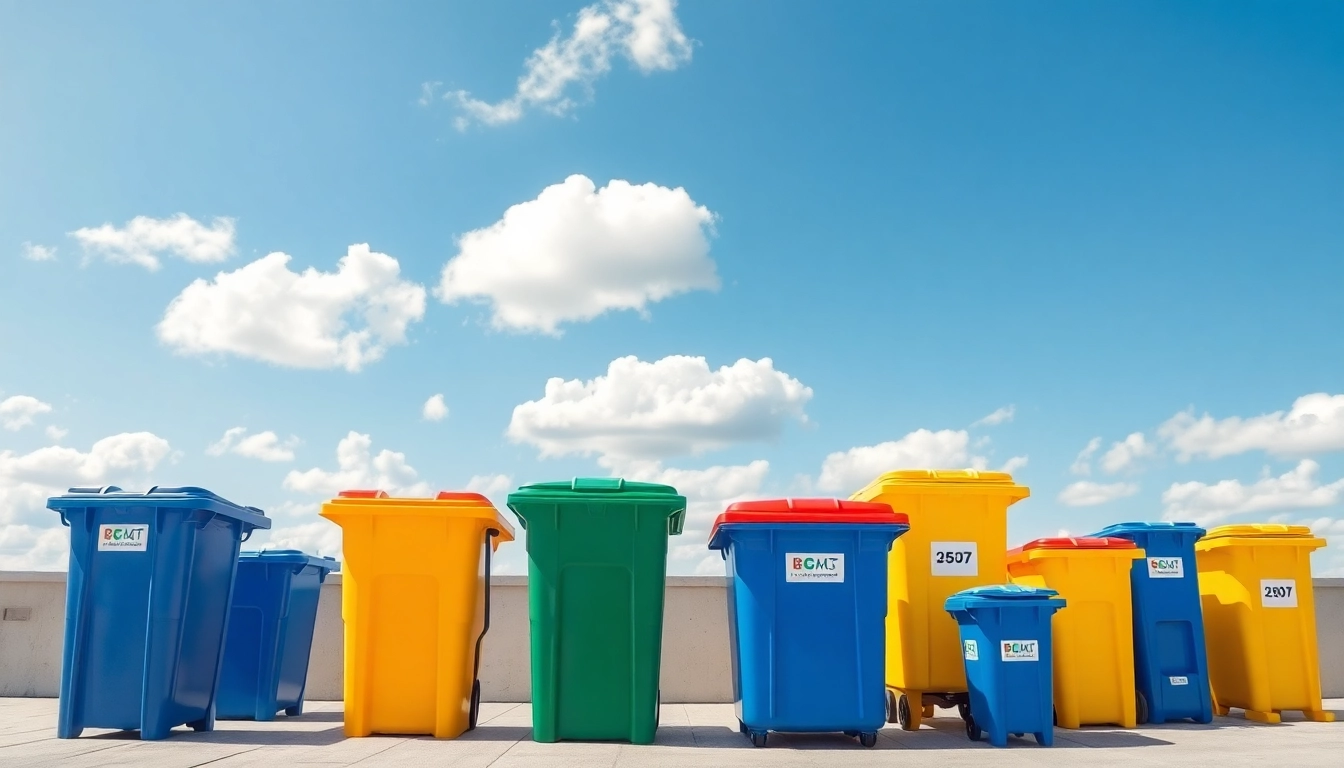 Showcase of disposal bins rental sizes arranged in an outdoor setting with a clear blue sky.