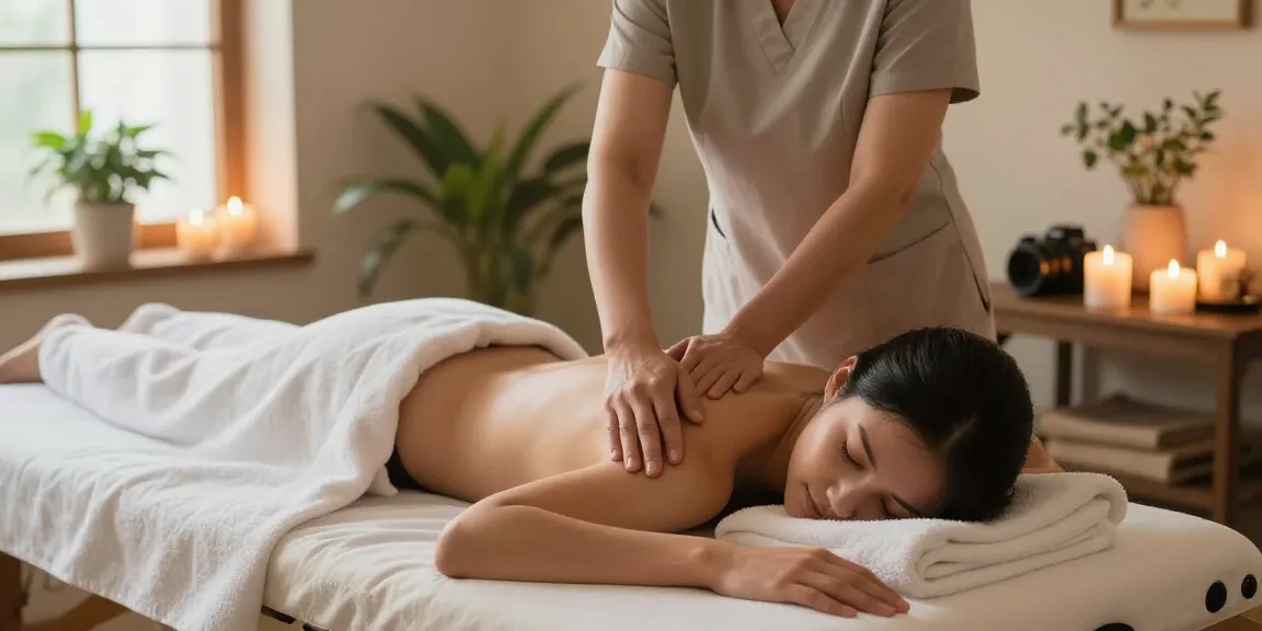 Swedish massage in a serene spa setting, relaxing ambiance with candles and soothing light.