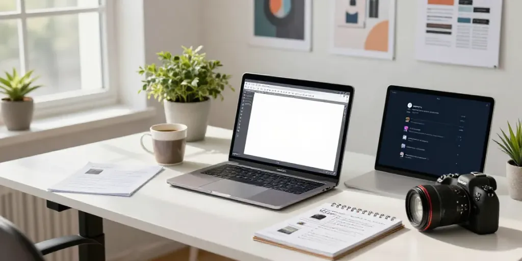 Focused creator crafting AI generated digital product descriptions at a modern workspace.