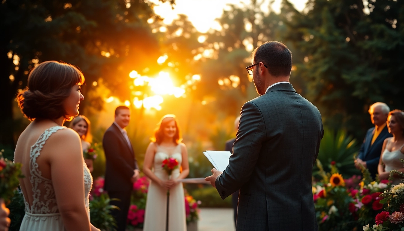 Wedding photographer capturing an outdoor sunset ceremony with a couple exchanging vows.