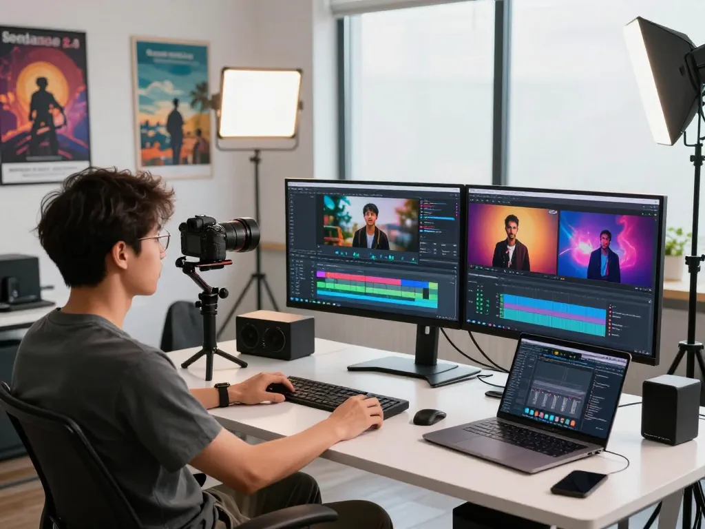 Creating with seedance 2.0 in a dynamic AI video production workspace featuring advanced editing tools and creative ambiance.