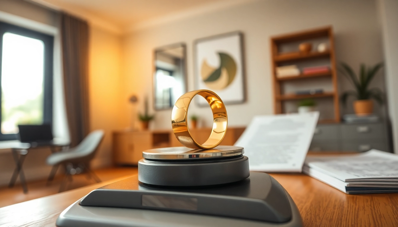 Acquista oro a distanza in un ambiente domestico con un anello d'oro lucido.
