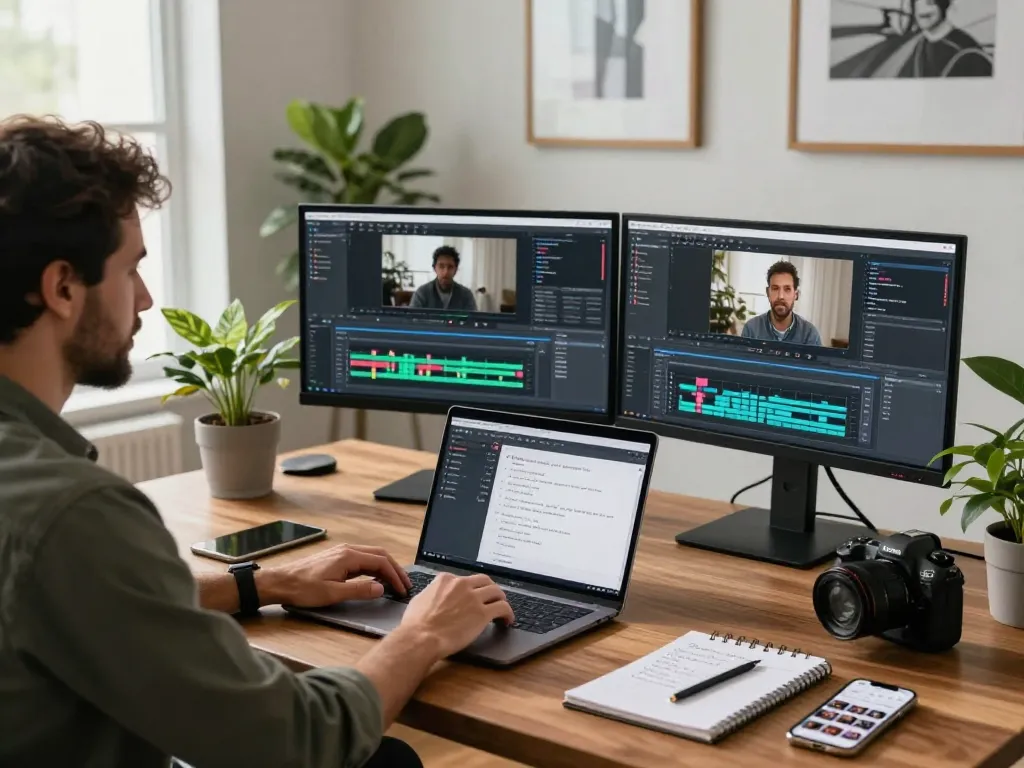 Video to prompt tool in a creative workspace with AI analysis displays and modern desk setup.