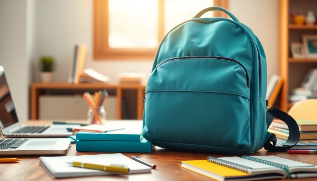 Handtasche für Schulen in einem hellen Studienszenario mit Schulmaterialien.