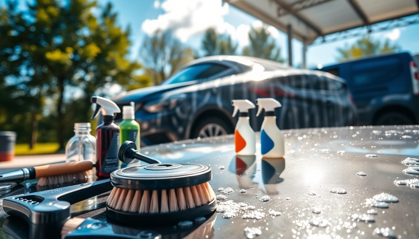 Auto detailing Cleveland TN with professional tools and a shining car in a clean outdoor garage.