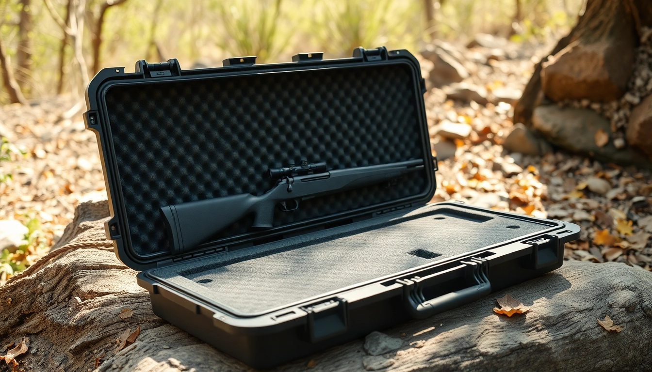 Showcasing a pelican rifle case with durable design in a natural outdoor setting.