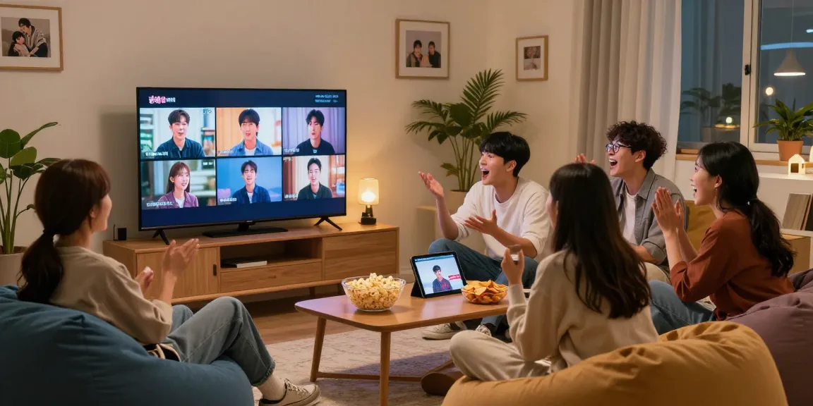 티비위키에서 친구들과 함께 인기 드라마를 스트리밍하는 아늑한 거실 장면