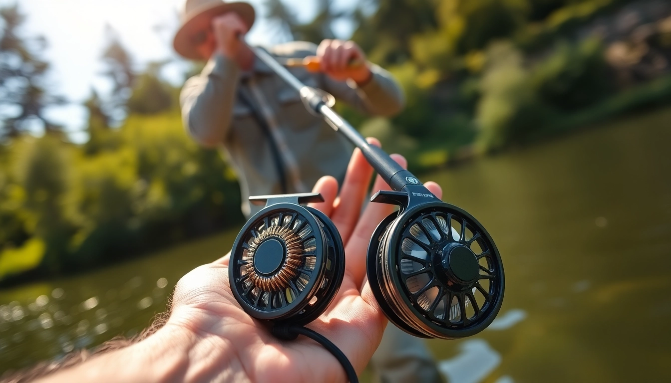 Casting with the best fly fishing reels at a tranquil lake with natural tones.