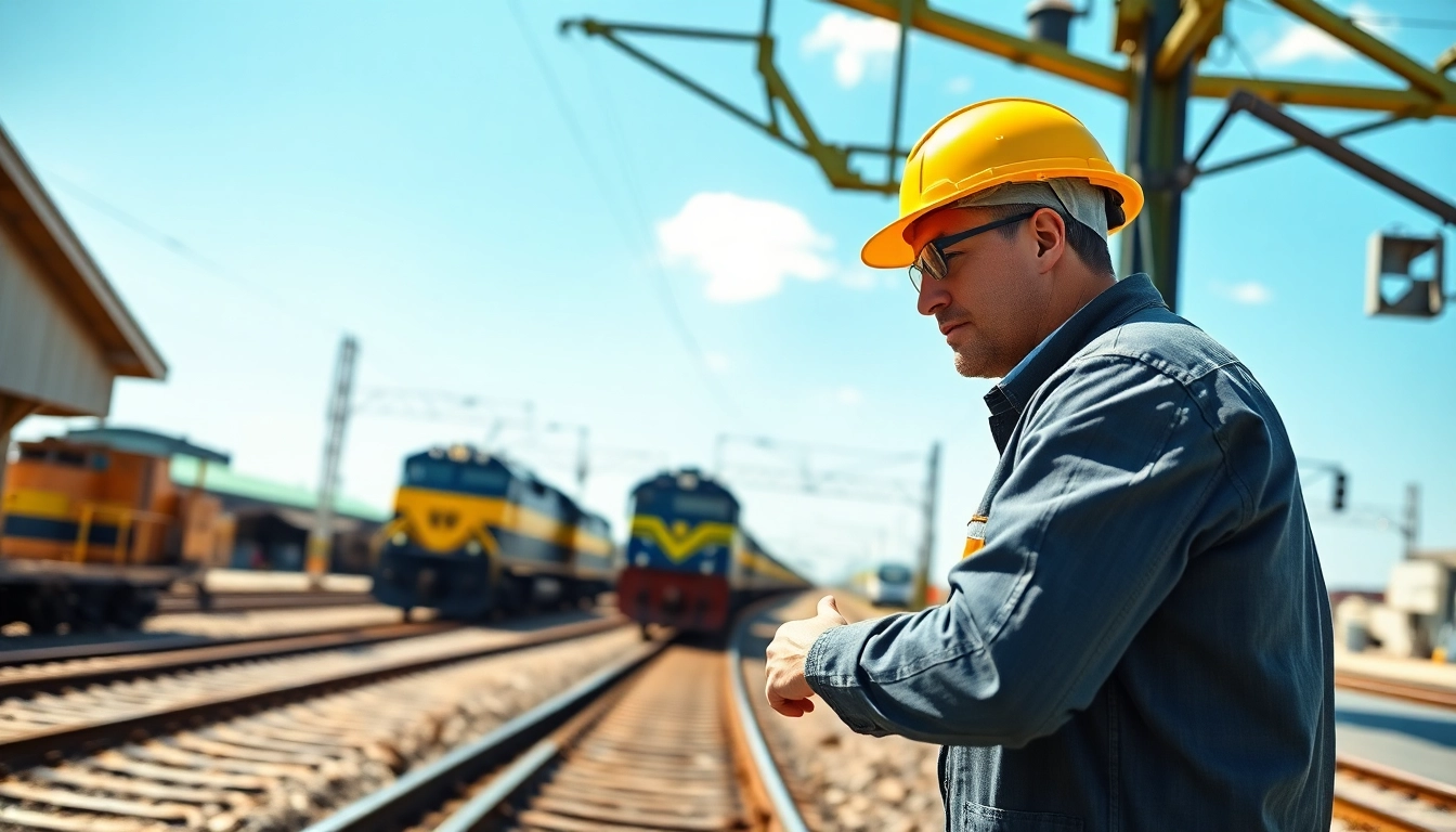 Explore rail jobs with a dedicated worker examining tracks at a busy railroad station.