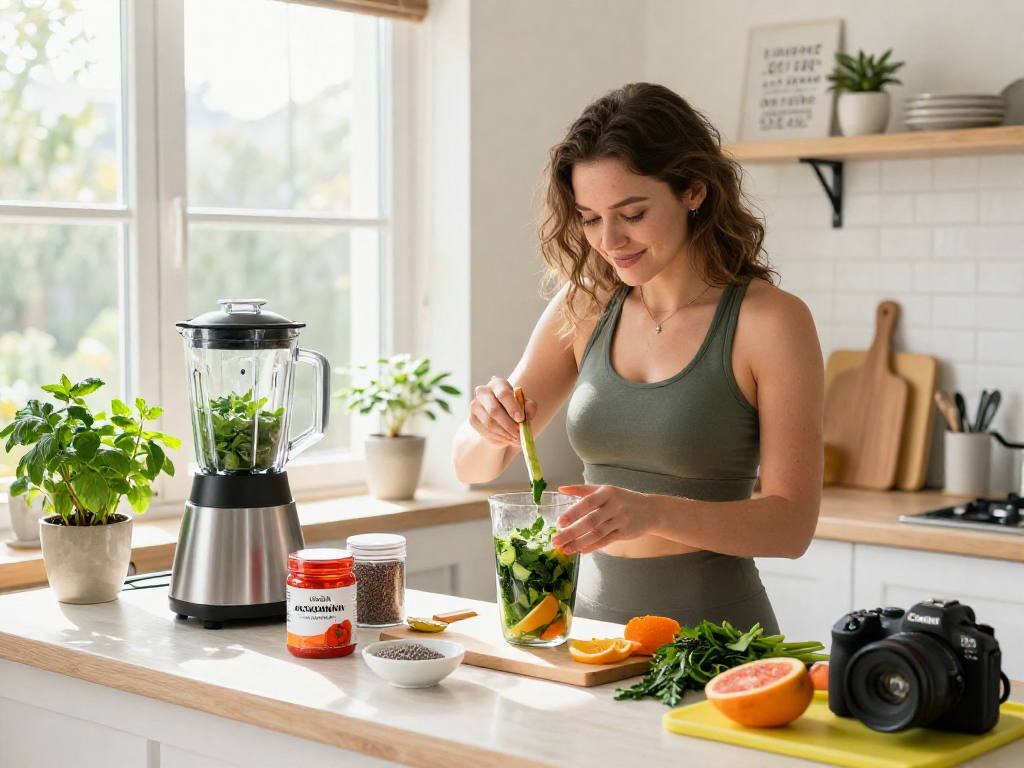 Preparing a vibrant smoothie with vegan astaxanthin supplements in a sunny kitchen.