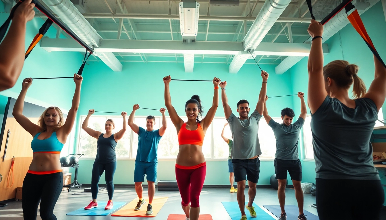 Individuals using a pull-up assist band in a bright gym, showcasing diverse fitness activities.