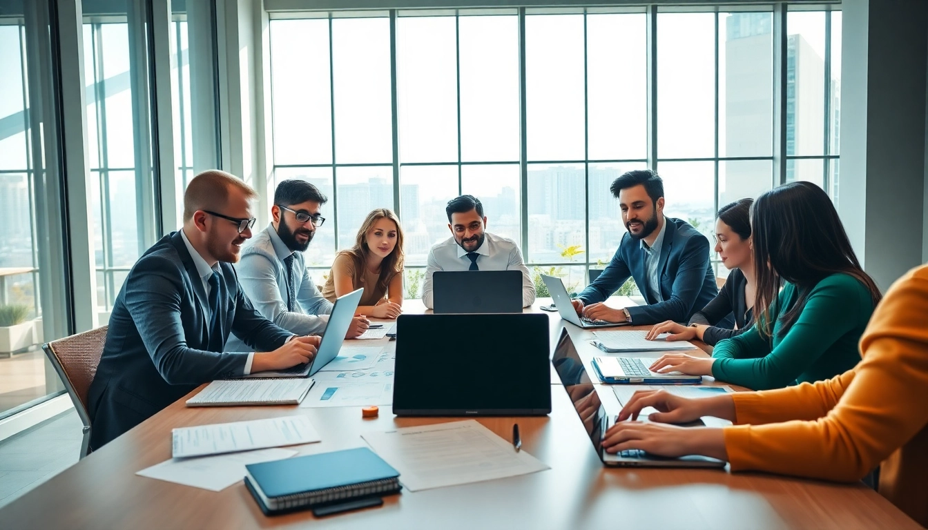 Engaging scene of proposal writing and management collaboration among diverse professionals in a modern office.